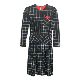 11/12 Prince David 1980s Business Wear Black White Winter Dress Red Pocket Squar